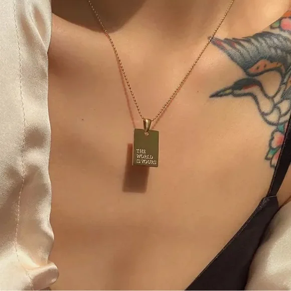 NEW 18K GOLD ENGRAVED LETTER MESSAGE SQUARE PENDANT BEADS CHAIN NECKLACE - Picture 5 of 7